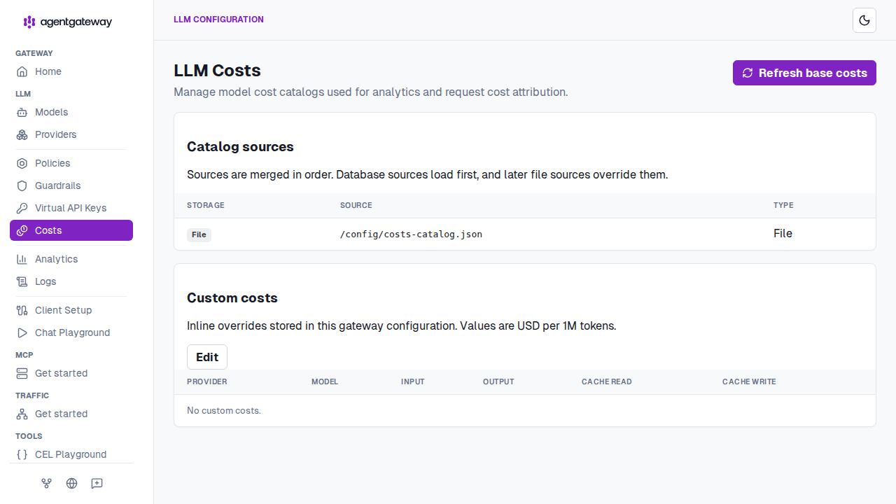 UI LLM Costs page showing catalog sources and custom cost overrides